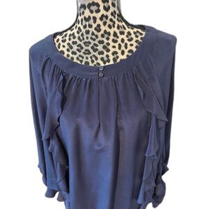 BCBG Max Azria 100% Silk Navy Ruffled Cape Batwing Sleeves Quiet Luxury One Size